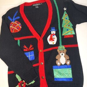 Work in Progress Gladys Bagley Vintage Christmas Ugly Sweater Cardigan sz small